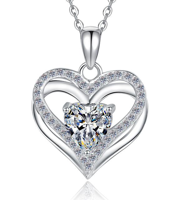 Double Heart Halo Sterling Silver Moissanite Pendant, silver-tone