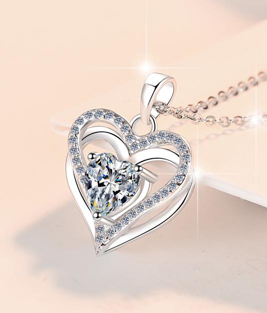 Double Heart Halo Sterling Silver Moissanite Pendant, silver-tone