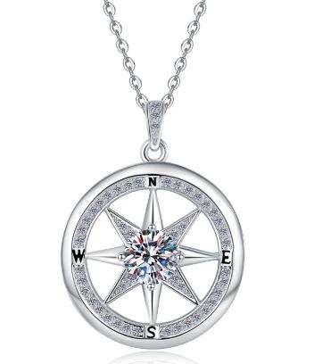 Compass Star Sterling Silver Moissanite Pendant, silver-tone