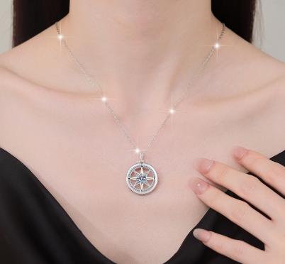 Compass Star Sterling Silver Moissanite Pendant, silver-tone