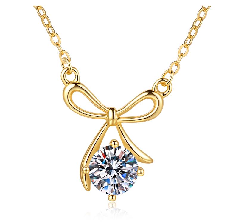 Ribbon Bow Solitaire Sterling Silver Moissanite Pendant, gold-tone