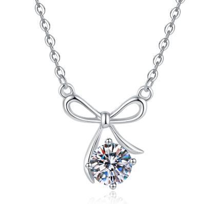 Ribbon Bow Solitaire Sterling Silver Moissanite Pendant, silver-tone
