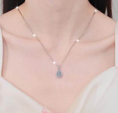 Pear Halo Sterling Silver Moissanite Pendant, silver-tone