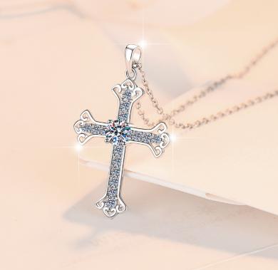 Decorative Cross Sterling Silver Moissanite Pendant, silver-tone
