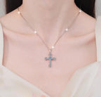 Decorative Cross Sterling Silver Moissanite Pendant, silver-tone