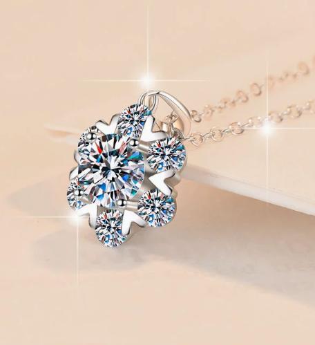 Six-Petal Cluster Sterling Silver Moissanite Pendant, silver-tone
