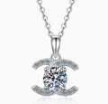Curved Twin-Bar Solitaire Sterling Silver Moissanite Pendant, silver-tone