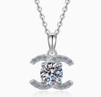 Curved Twin-Bar Solitaire Sterling Silver Moissanite Pendant, silver-tone