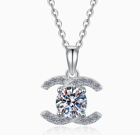 Curved Twin-Bar Solitaire Sterling Silver Moissanite Pendant, silver-tone