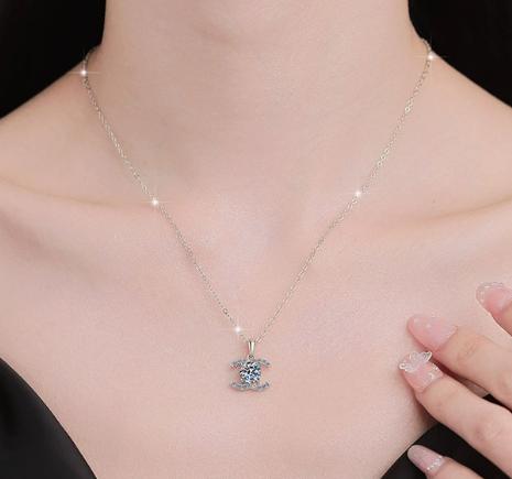 Curved Twin-Bar Solitaire Sterling Silver Moissanite Pendant, silver-tone