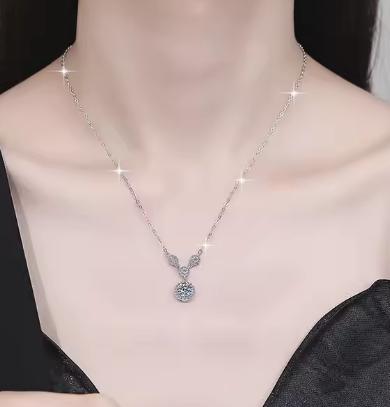 Double Floral Drop Sterling Silver Moissanite Pendant, silver-tone