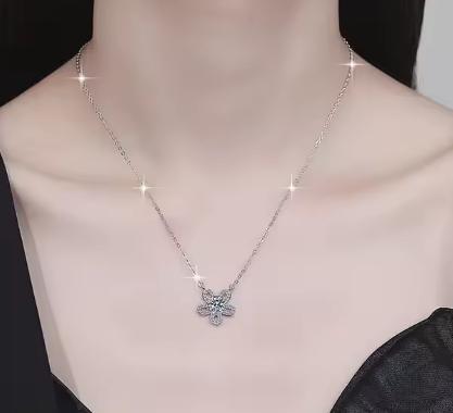 Open Flower Halo Sterling Silver Moissanite Pendant, Silver-tone