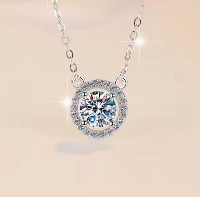 Round Centre Halo Sterling Silver Moissanite Pendant, Silver-tone