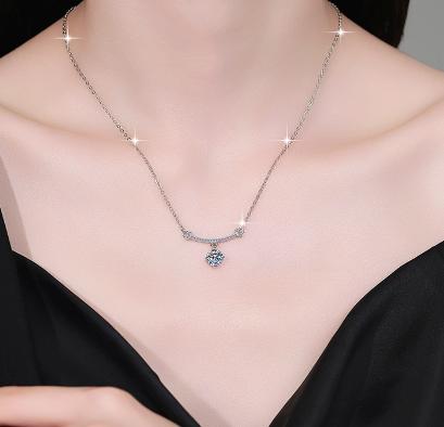 Curved Bar Solitaire Sterling Silver Moissanite Pendant, Silver-tone