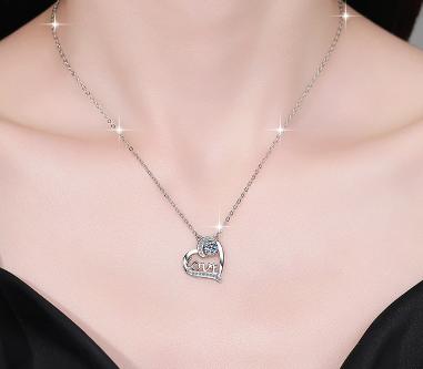 Love Heart Sterling Silver Moissanite Pendant, Silver-tone