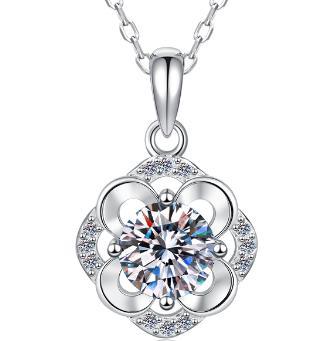 Scalloped Flower Halo Sterling Silver Moissanite Pendant, Silver-tone