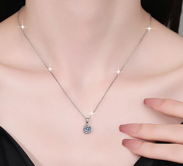 Sculpted-Prong Solitaire Sterling Silver Moissanite Pendant, Silver-tone
