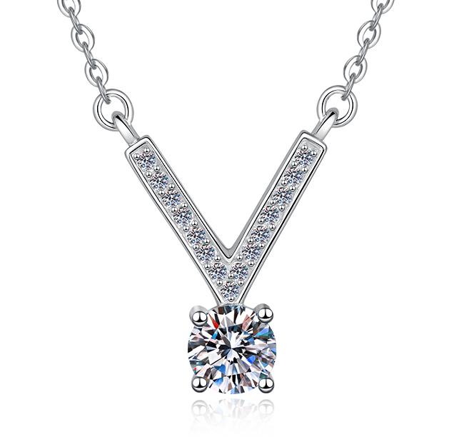 V-Bar Solitaire Sterling Silver Moissanite Pendant, Silver-tone