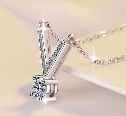 V-Bar Solitaire Sterling Silver Moissanite Pendant, Silver-tone