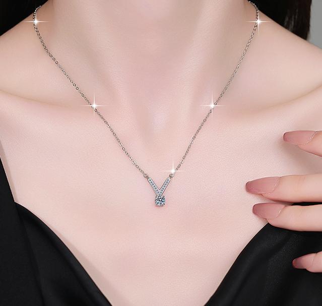 V-Bar Solitaire Sterling Silver Moissanite Pendant, Silver-tone