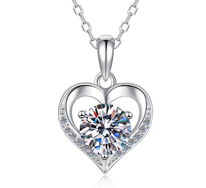 Classic Heart Frame Sterling Silver Moissanite Pendant, Silver-tone