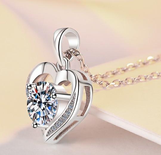 Classic Heart Frame Sterling Silver Moissanite Pendant, Silver-tone
