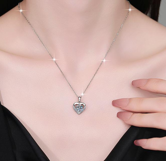 Classic Heart Frame Sterling Silver Moissanite Pendant, Silver-tone