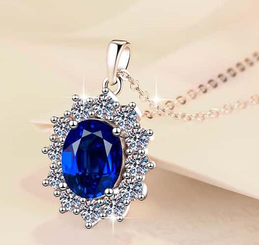 925 Sterling Silver Moissanite Blue Oval Halo Pendant