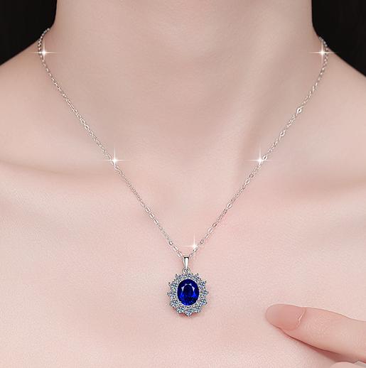 Blue Oval Halo Sterling Silver Moissanite Pendant, Silver-tone