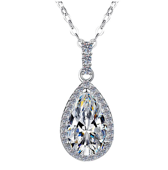 Pear-Cut Halo Drop Sterling Silver Moissanite Pendant, Silver-tone