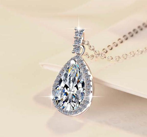 Pear-Cut Halo Drop Sterling Silver Moissanite Pendant, Silver-tone