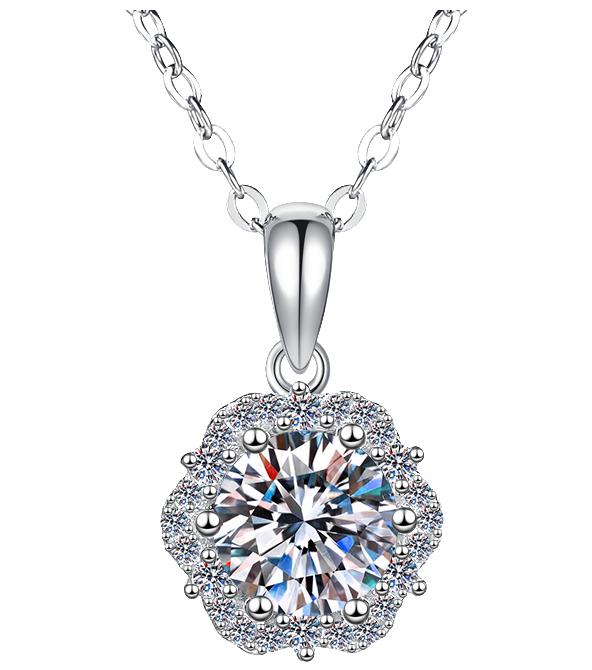 Floral Solitaire Halo Sterling Silver Moissanite Pendant, Silver-tone