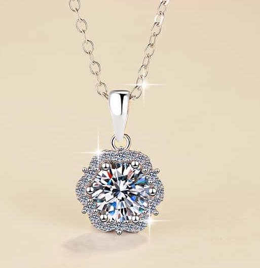 925 Sterling Silver Moissanite Flower Solitaire Halo Pendant