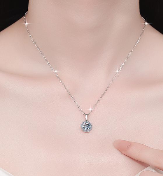 Floral Solitaire Halo Sterling Silver Moissanite Pendant, Silver-tone