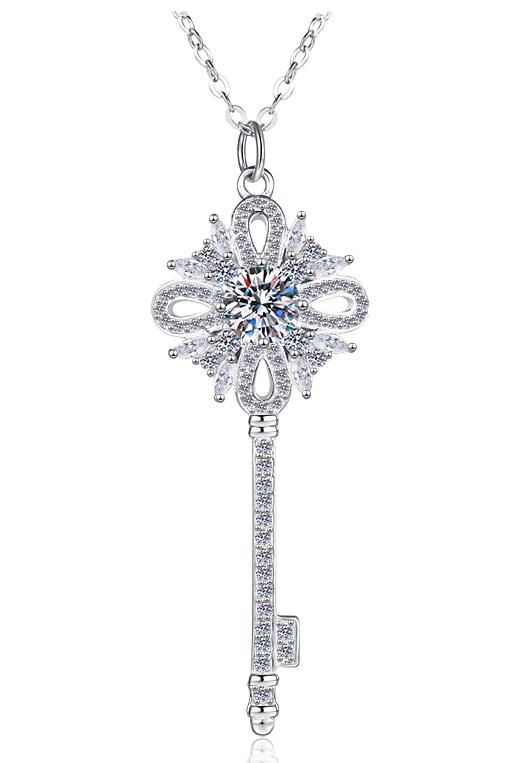 Floral Key Sterling Silver Moissanite Pendant, Silver-tone