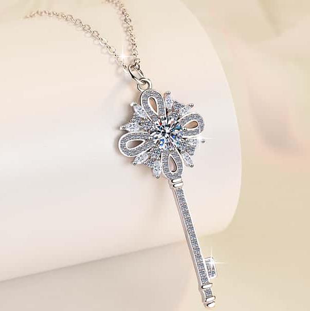 Floral Key Sterling Silver Moissanite Pendant, Silver-tone