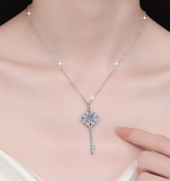Floral Key Sterling Silver Moissanite Pendant, Silver-tone