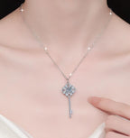 Floral Key Sterling Silver Moissanite Pendant, Silver-tone
