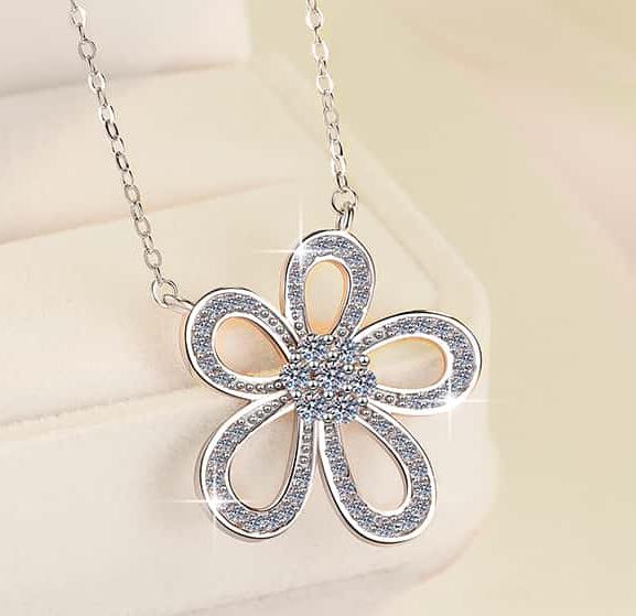 Five-Loop Flower Sterling Silver Moissanite Pendant, Silver-tone
