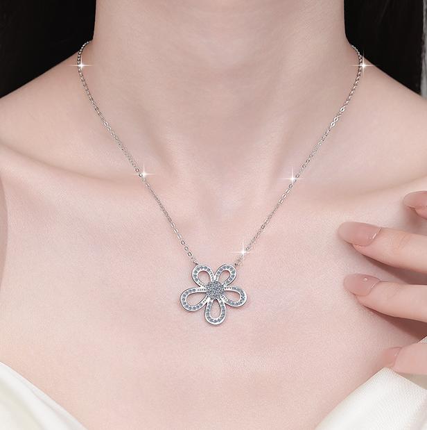 Five-Loop Flower Sterling Silver Moissanite Pendant, Silver-tone