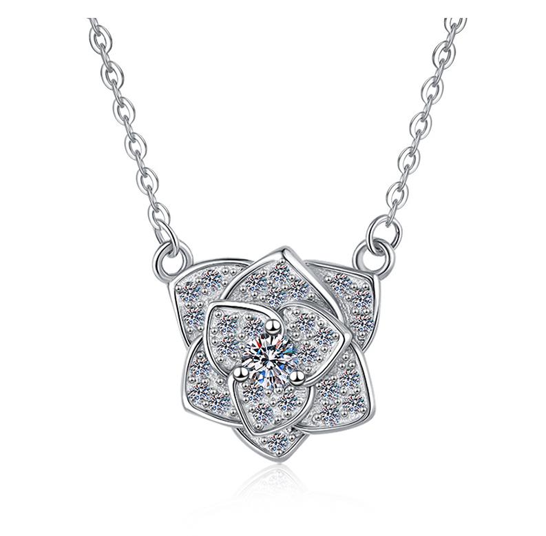 Openwork Rose Sterling Silver Moissanite Pendant, Silver-tone