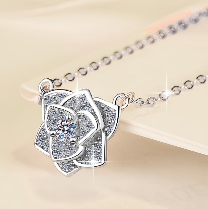 Openwork Rose Sterling Silver Moissanite Pendant, Silver-tone