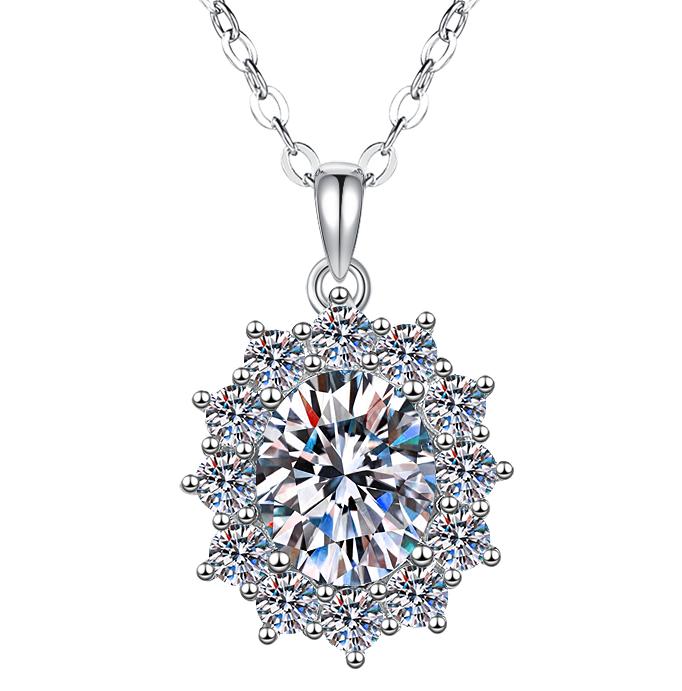 Oval Floral Halo Sterling Silver Moissanite Pendant, Silver-tone
