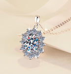 Oval Floral Halo Sterling Silver Moissanite Pendant, Silver-tone