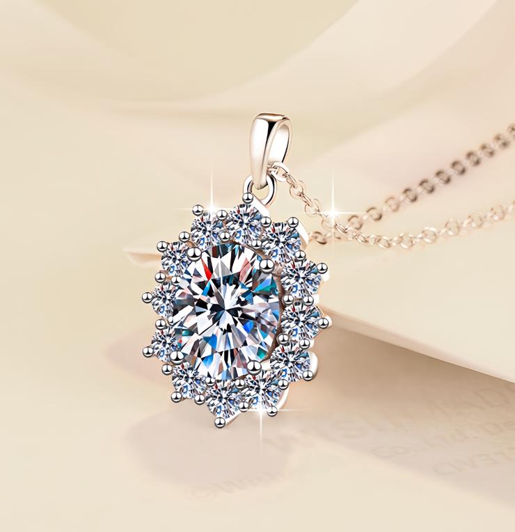 Oval Floral Halo Sterling Silver Moissanite Pendant, Silver-tone