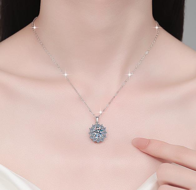 Oval Floral Halo Sterling Silver Moissanite Pendant, Silver-tone