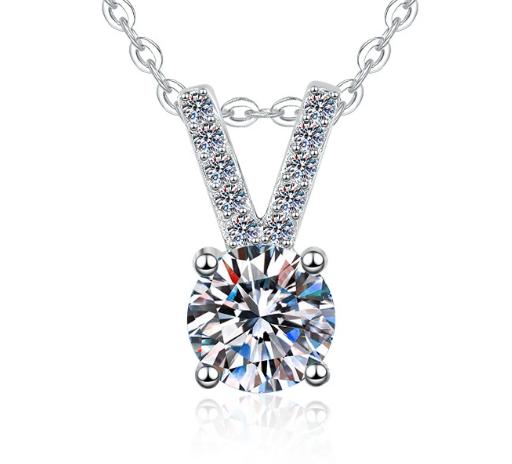 Split V-Bail Solitaire Sterling Silver Moissanite Pendant, Silver-tone