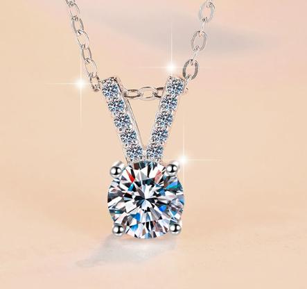 Split V-Bail Solitaire Sterling Silver Moissanite Pendant, Silver-tone