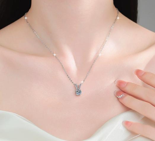 Split V-Bail Solitaire Sterling Silver Moissanite Pendant, Silver-tone