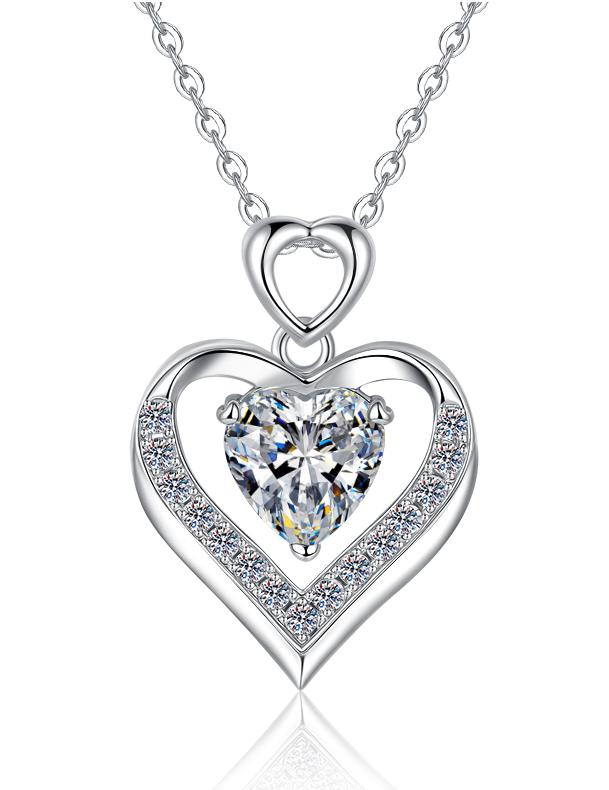 Layered Heart Sterling Silver Moissanite Pendant, Silver-tone